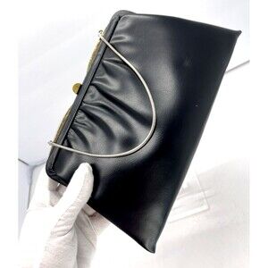 Vintage Black Leather Clutch Handbag Chain Handle Gold Clasp and Frame Purse